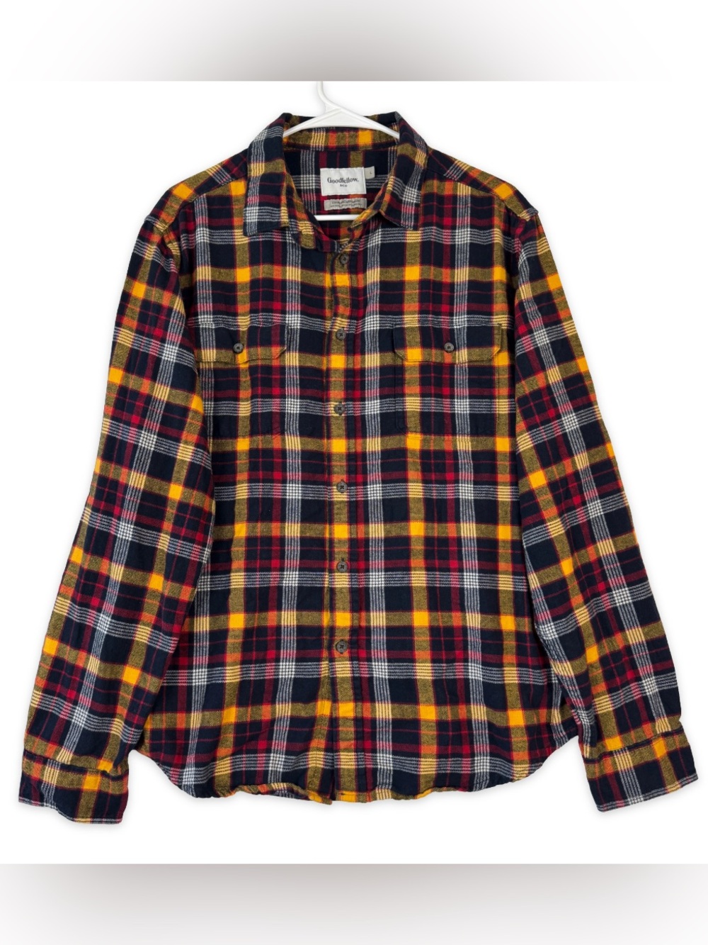 Goodfellow Button Down Flannel Shirt Mens L Large Navy Yellow Red Plaid